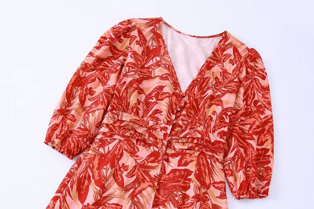 Red Floral Print Short Sleeve Spring Dress with Collar